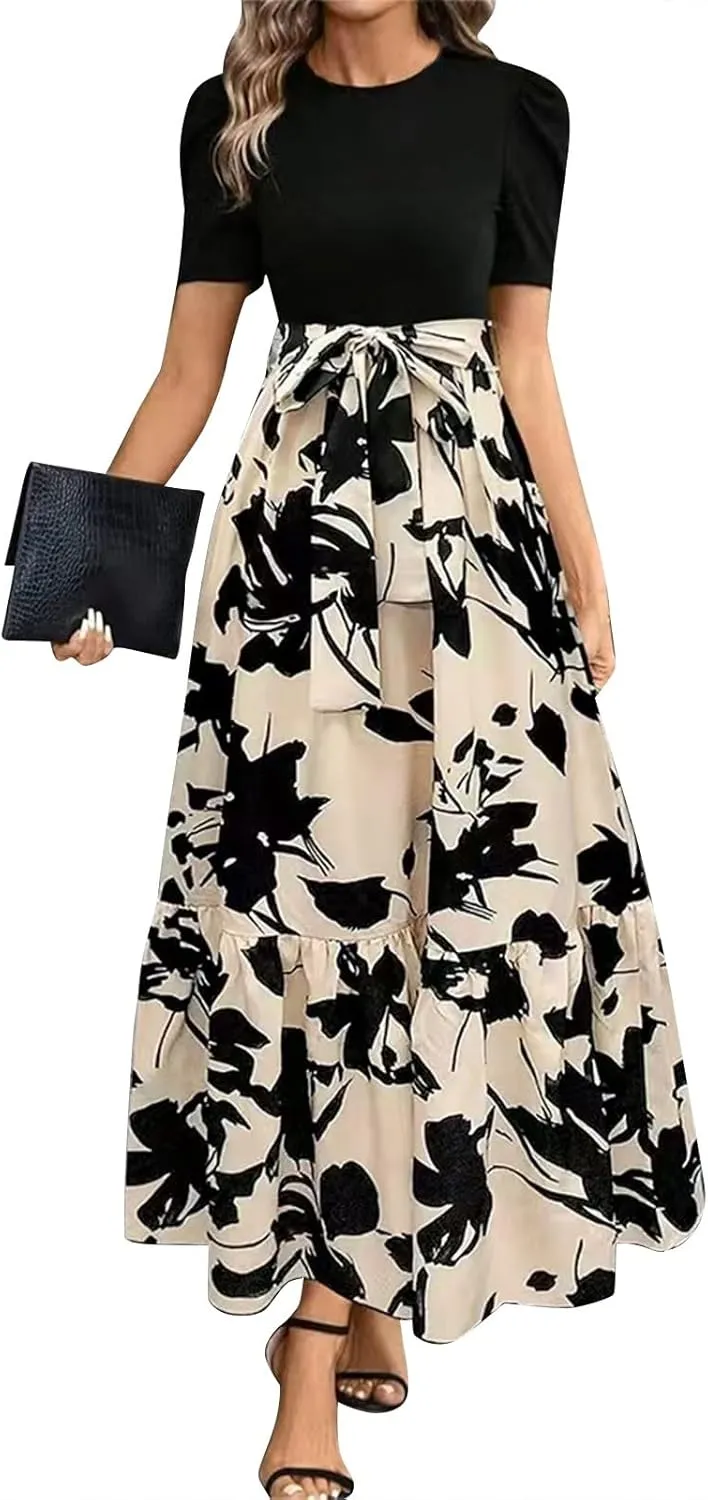 Womens 2025 Floral Printed Maxi Dress Casual Long Flowy Dresses Ruffle Short Sleeve Summer Dresses with Pockets