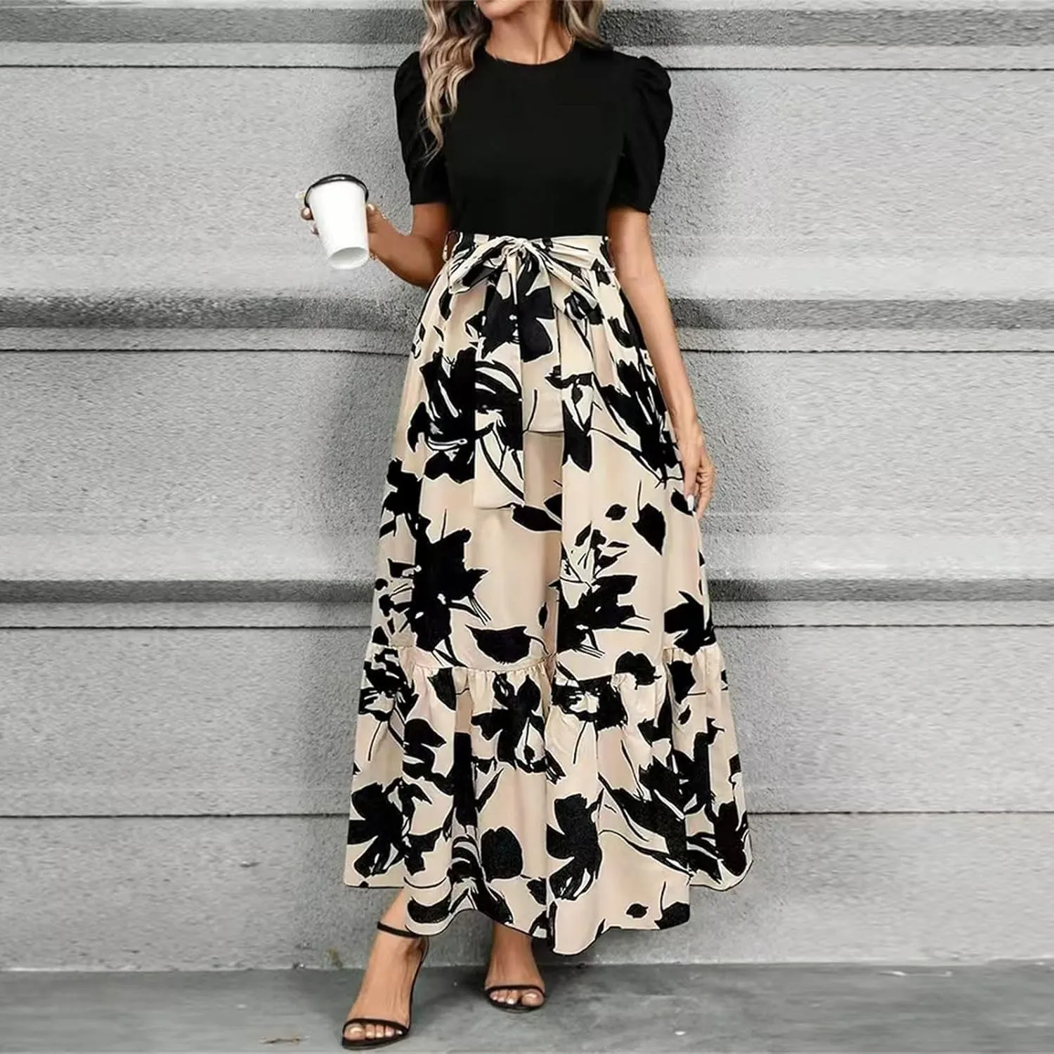 Womens 2025 Floral Printed Maxi Dress Casual Long Flowy Dresses Ruffle Short Sleeve Summer Dresses with Pockets