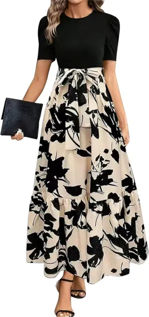 Womens 2025 Floral Printed Maxi Dress Casual Long Flowy Dresses Ruffle Short Sleeve Summer Dresses with Pockets
