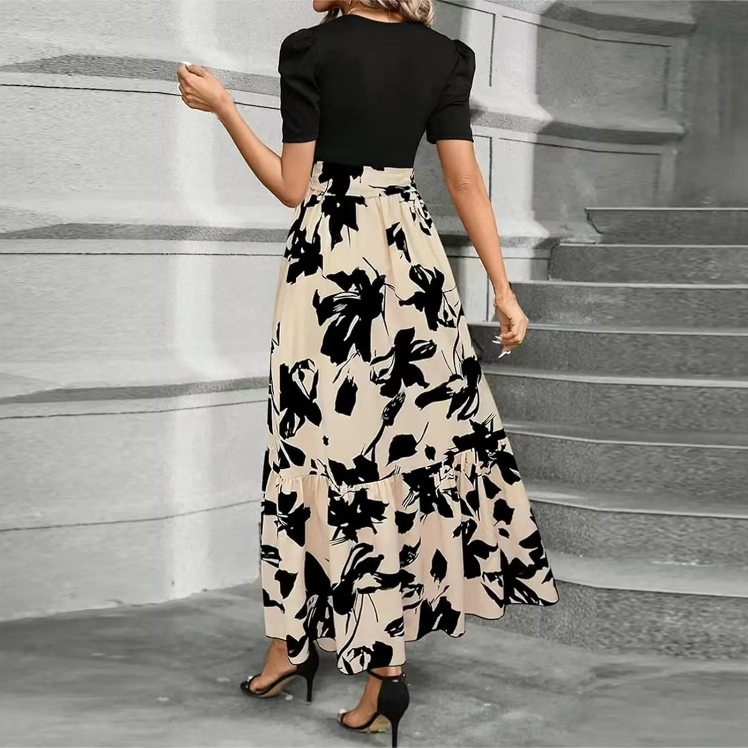 Womens 2025 Floral Printed Maxi Dress Casual Long Flowy Dresses Ruffle Short Sleeve Summer Dresses with Pockets