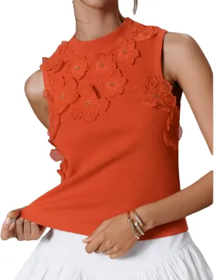Womens 3D Flower Applique Tank Top 2025 Cute Floral Mock Neck Sleeveless Tops Summer Slim Fit Ribbed Knit Shirts