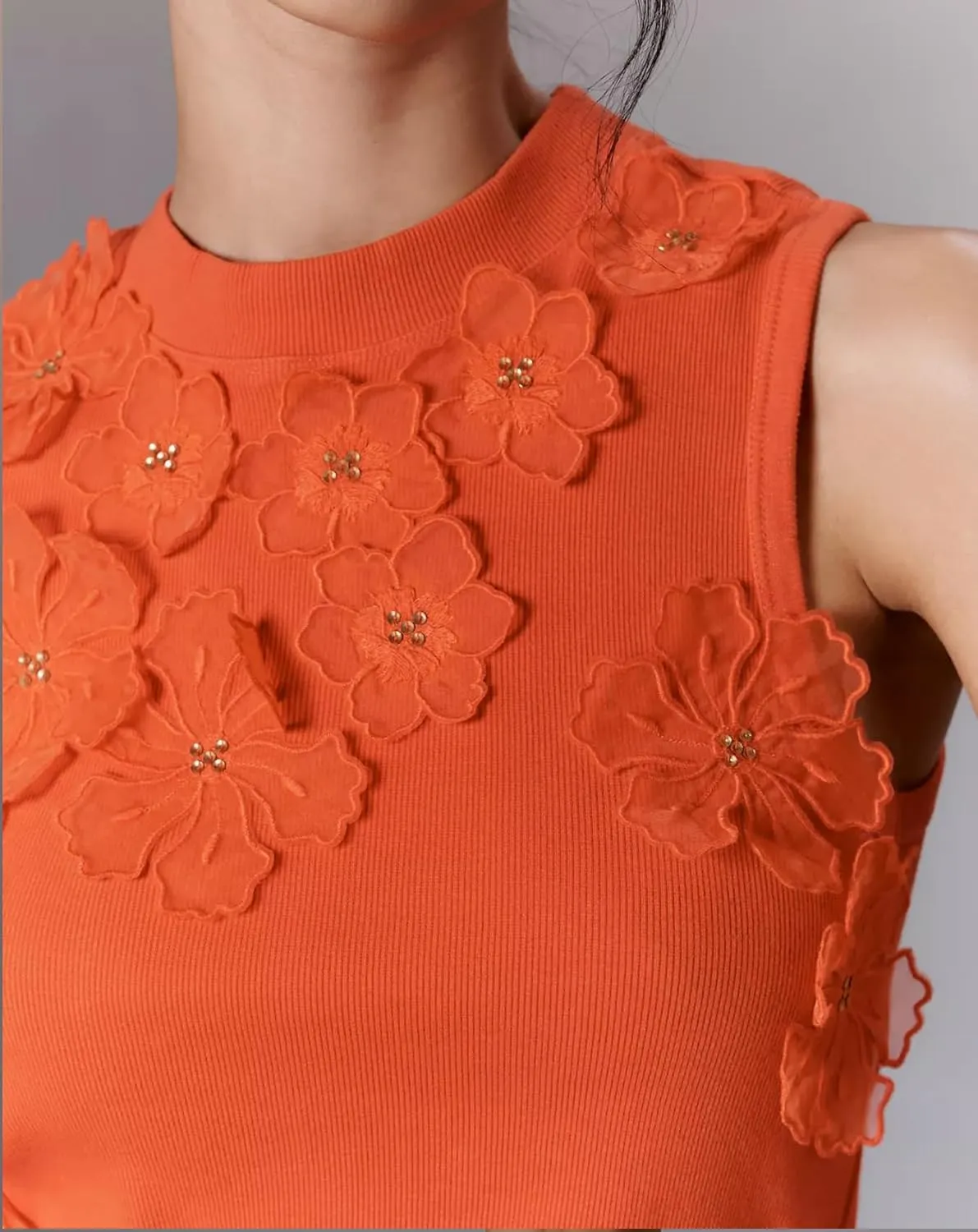 Womens 3D Flower Applique Tank Top 2025 Cute Floral Mock Neck Sleeveless Tops Summer Slim Fit Ribbed Knit Shirts