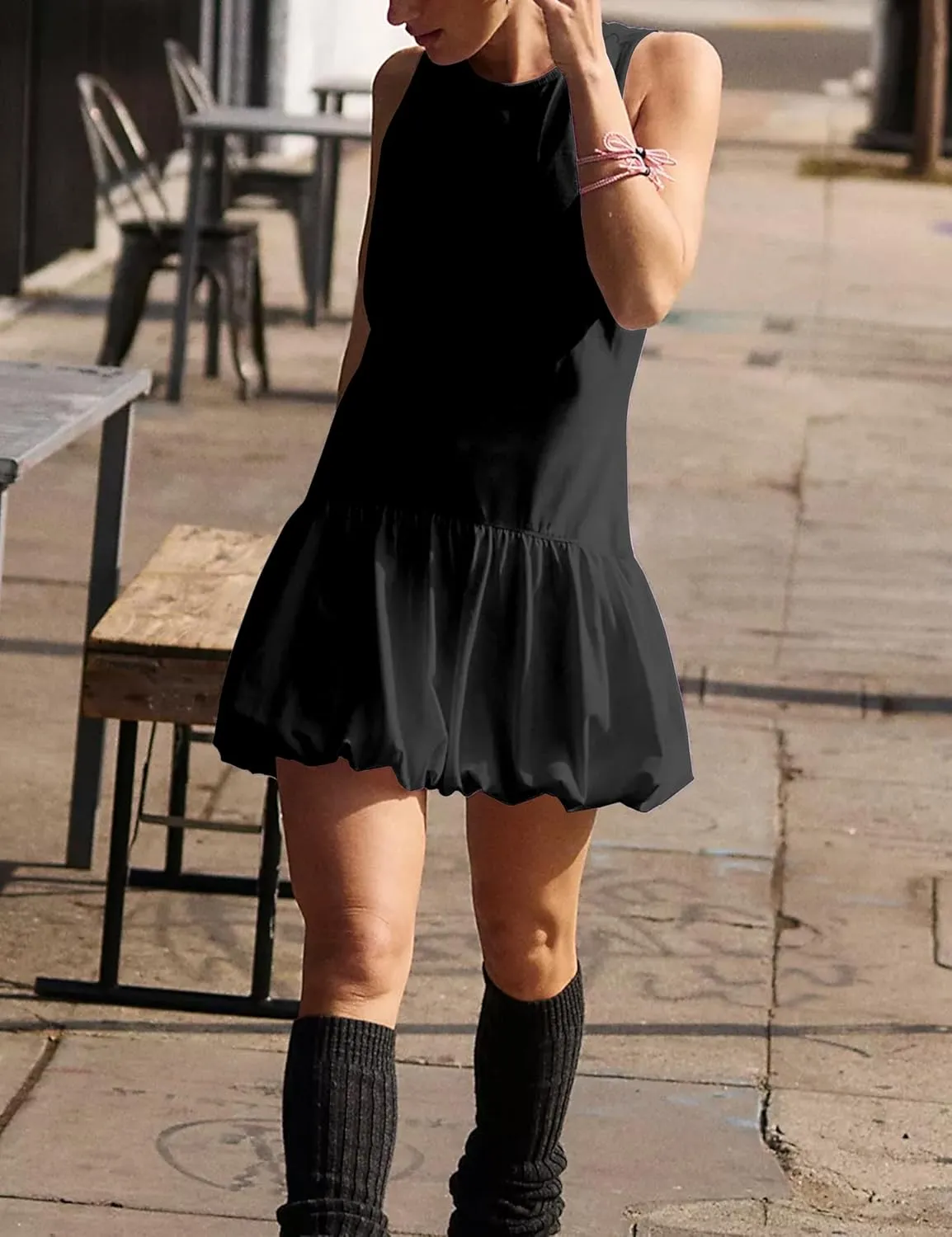 Womens Athletic Sleeveless Dress Crew Neck Sleeveless Tank Dress Hot Shot Bubble Set with Shorts Sundress