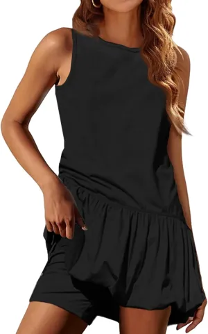 Womens Athletic Sleeveless Dress Crew Neck Sleeveless Tank Dress Hot Shot Bubble Set with Shorts Sundress