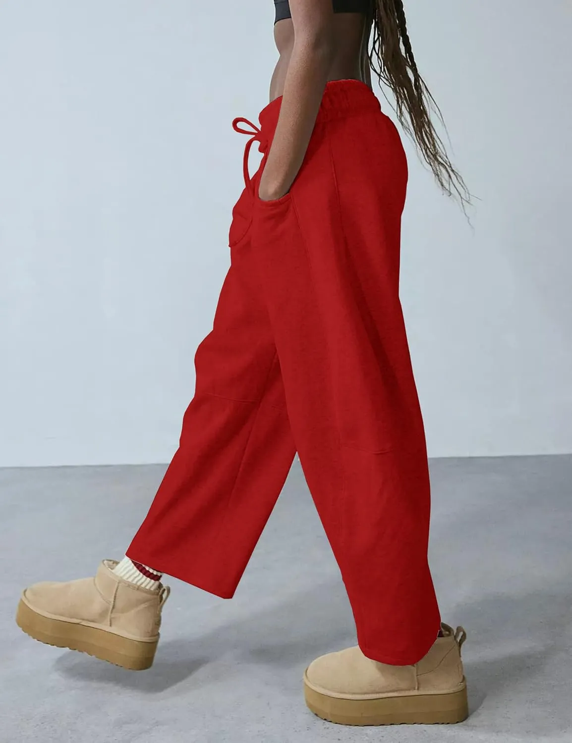 Womens Barrel Leg Sweatpant Mid Rise Elastic Waist Drawstring Casual Baggy Wide Leg Pants with Pockets