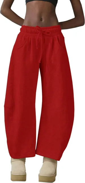 Womens Barrel Leg Sweatpant Mid Rise Elastic Waist Drawstring Casual Baggy Wide Leg Pants with Pockets