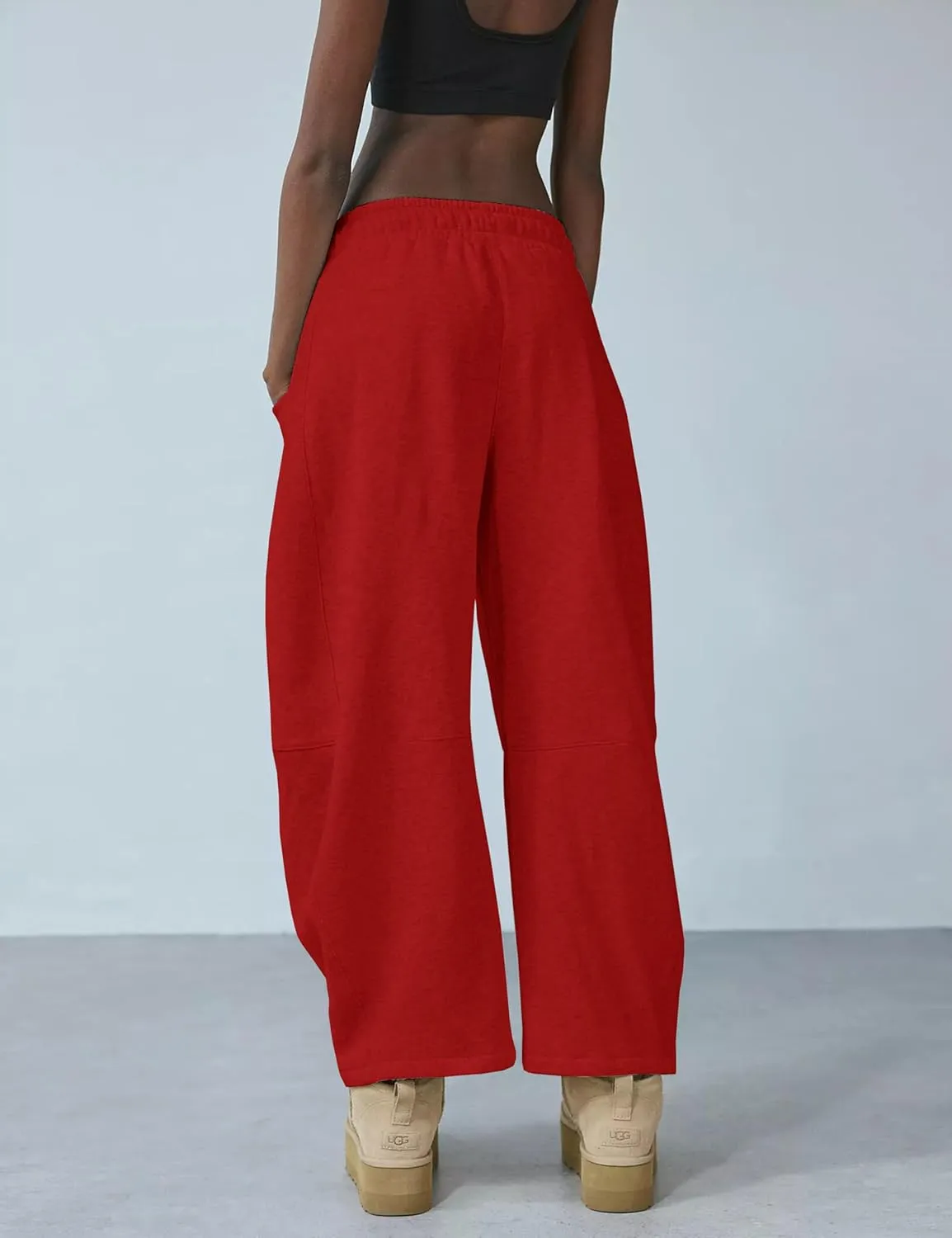 Womens Barrel Leg Sweatpant Mid Rise Elastic Waist Drawstring Casual Baggy Wide Leg Pants with Pockets
