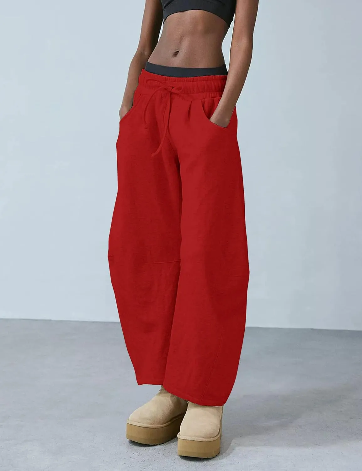 Womens Barrel Leg Sweatpant Mid Rise Elastic Waist Drawstring Casual Baggy Wide Leg Pants with Pockets