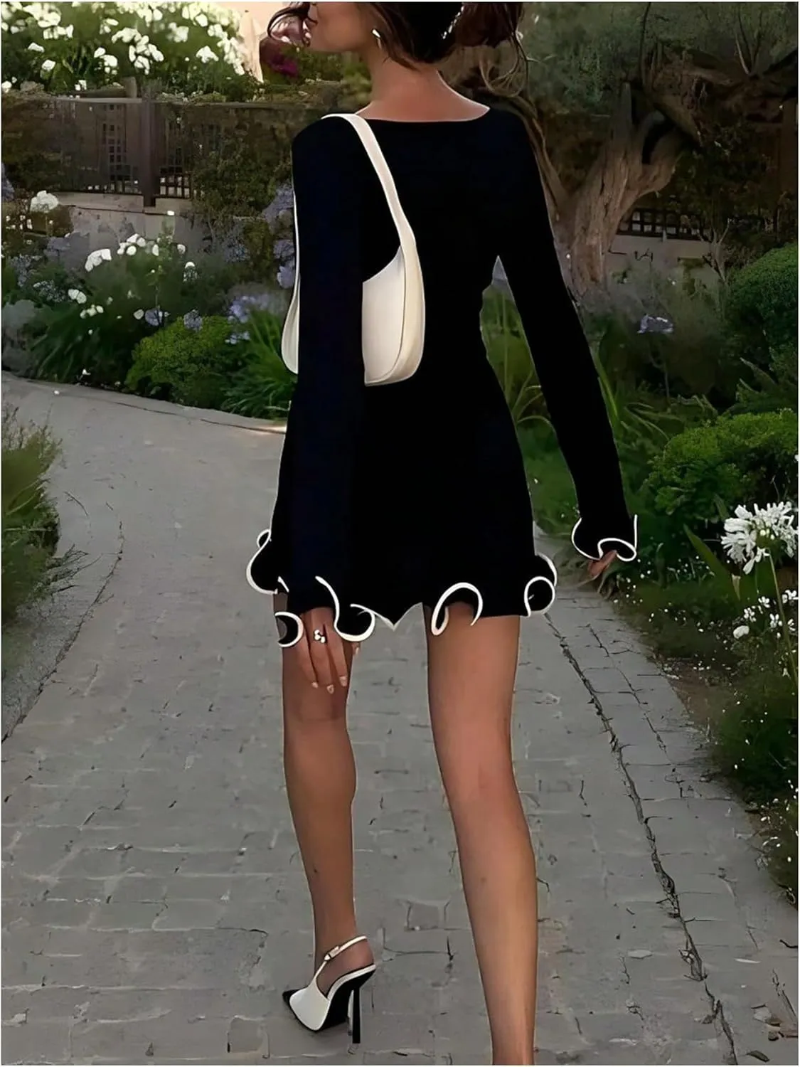 Women's Boat Neck Ruffle Wave Edge Bodycon Pencil Dress Long Sleeve Party Night Out Mini Dresses