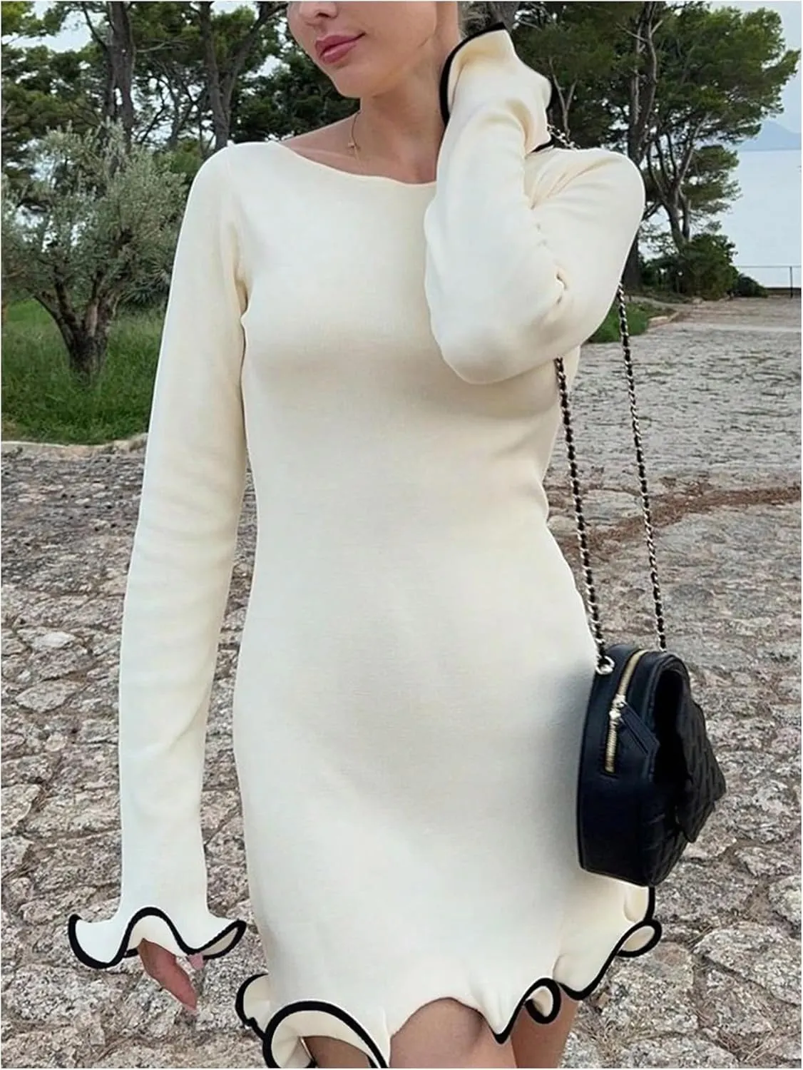 Women's Boat Neck Ruffle Wave Edge Bodycon Pencil Dress Long Sleeve Party Night Out Mini Dresses