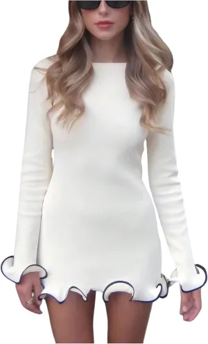 Women's Boat Neck Ruffle Wave Edge Bodycon Pencil Dress Long Sleeve Party Night Out Mini Dresses