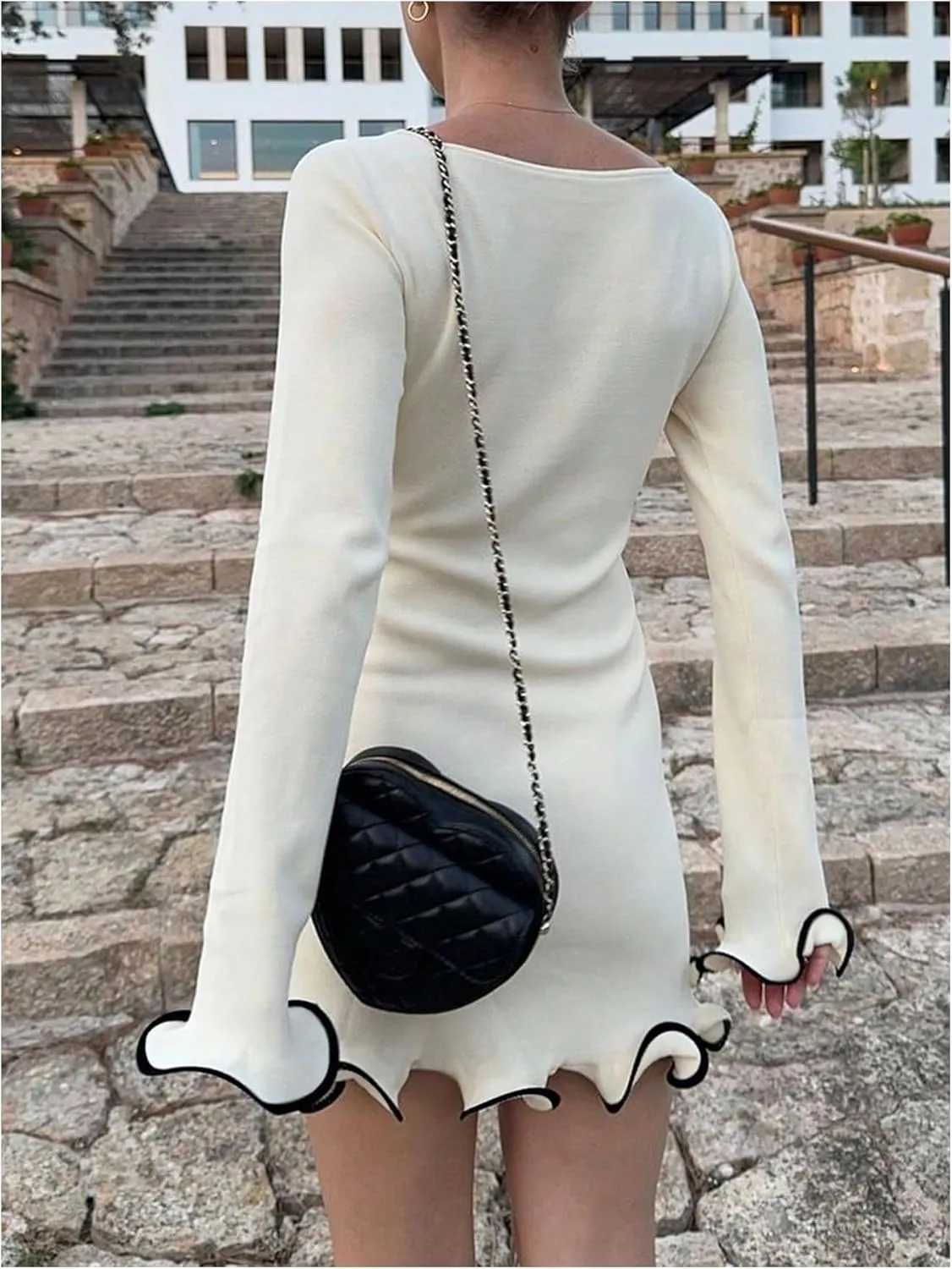 Women's Boat Neck Ruffle Wave Edge Bodycon Pencil Dress Long Sleeve Party Night Out Mini Dresses