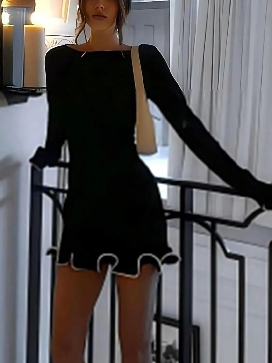 Women's Boat Neck Ruffle Wave Edge Bodycon Pencil Dress Long Sleeve Party Night Out Mini Dresses