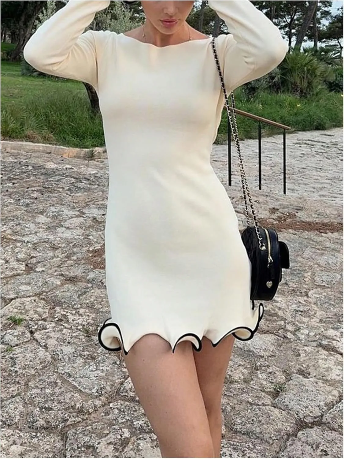 Women's Boat Neck Ruffle Wave Edge Bodycon Pencil Dress Long Sleeve Party Night Out Mini Dresses