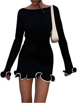 Women's Boat Neck Ruffle Wave Edge Bodycon Pencil Dress Long Sleeve Party Night Out Mini Dresses