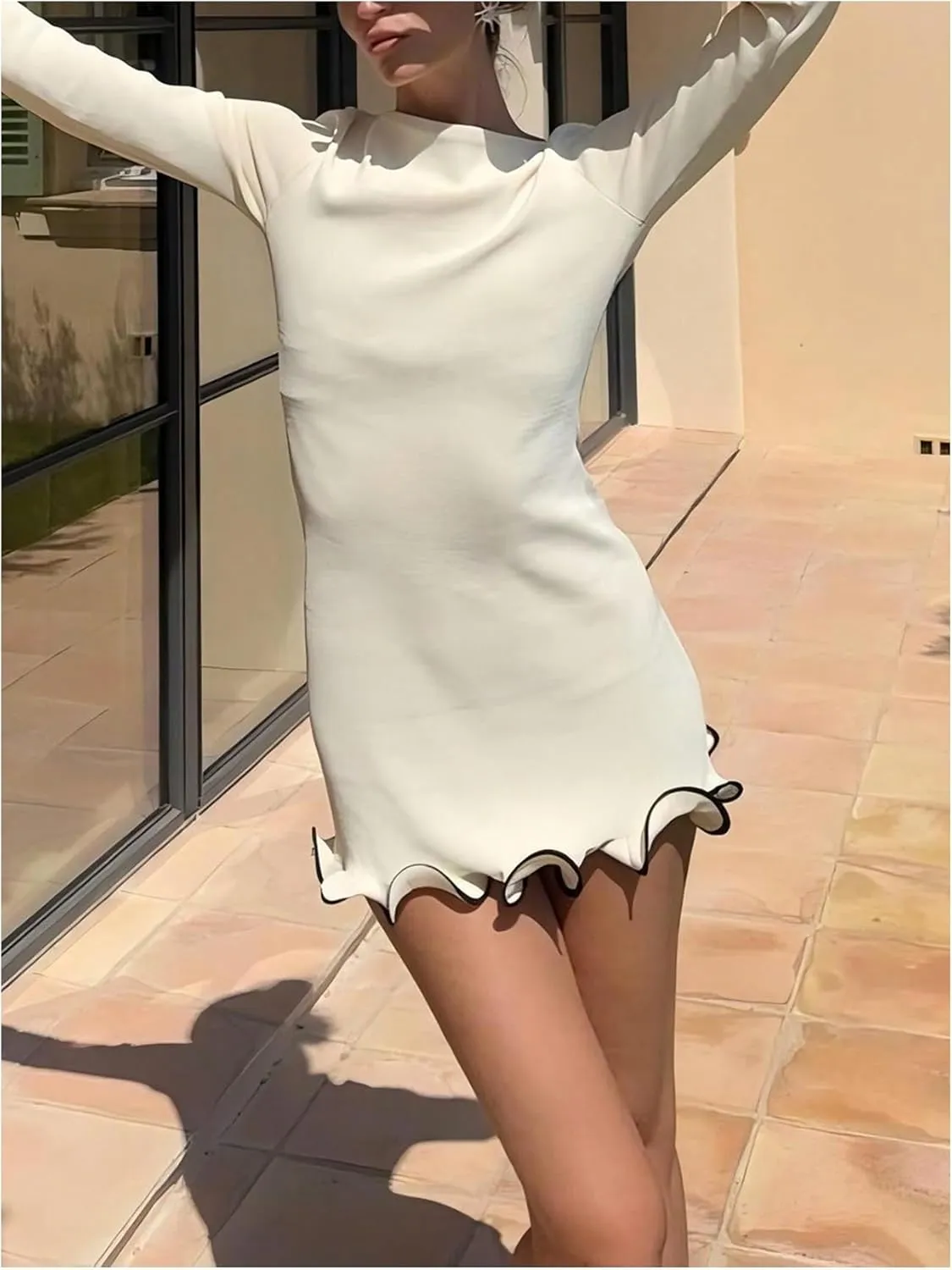 Women's Boat Neck Ruffle Wave Edge Bodycon Pencil Dress Long Sleeve Party Night Out Mini Dresses