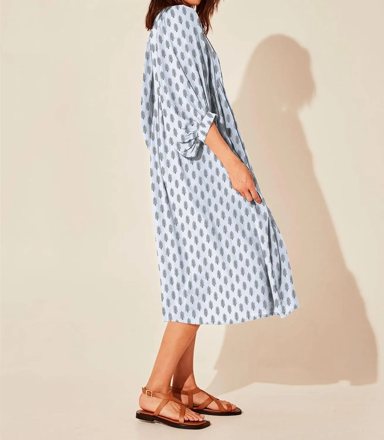 Womens Boho Sundress Summer Dresses V Neck Puff Sleeve Floral Flowy Swing Casual Dress Plus