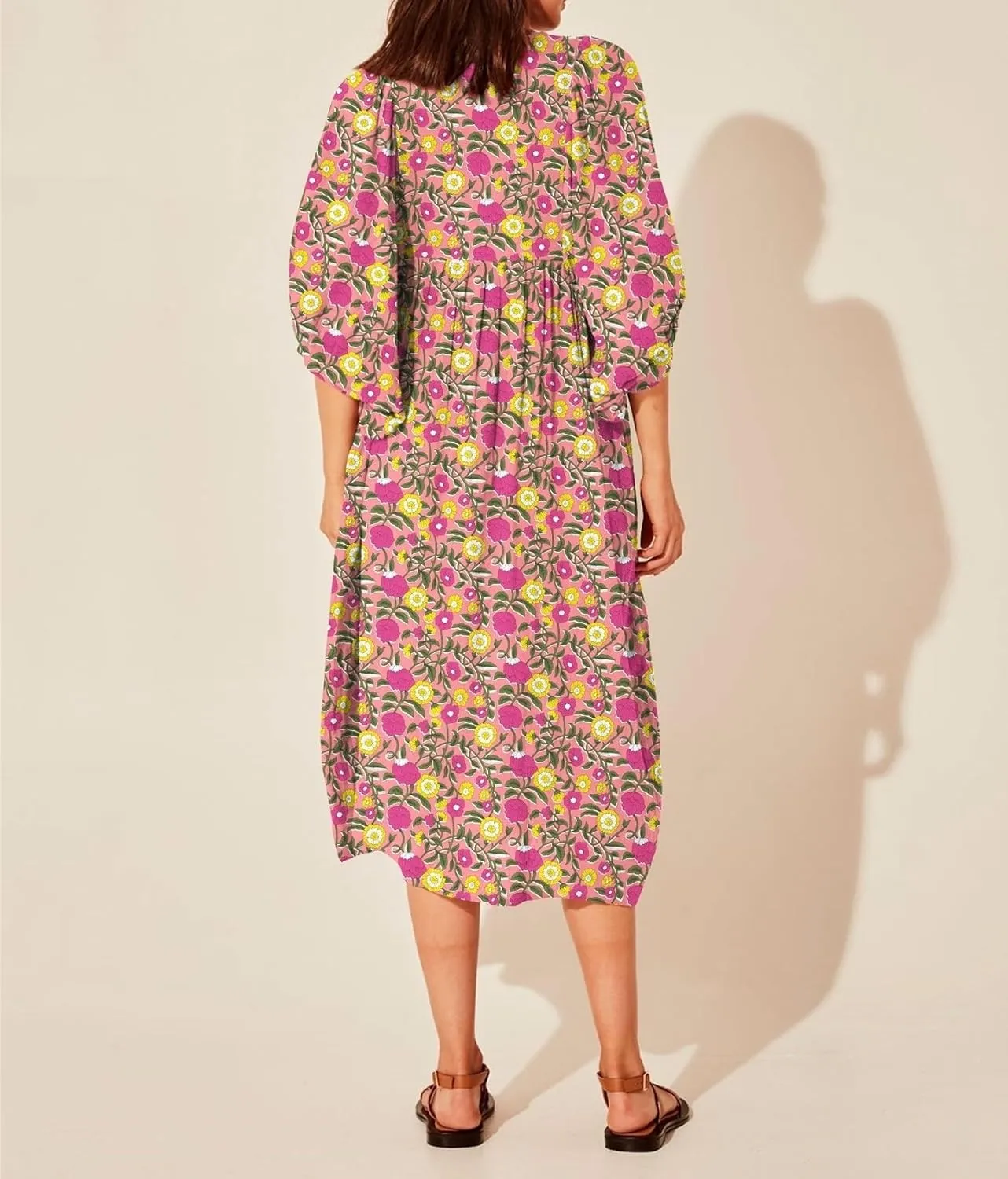 Womens Boho Sundress Summer Dresses V Neck Puff Sleeve Floral Flowy Swing Casual Dress Plus