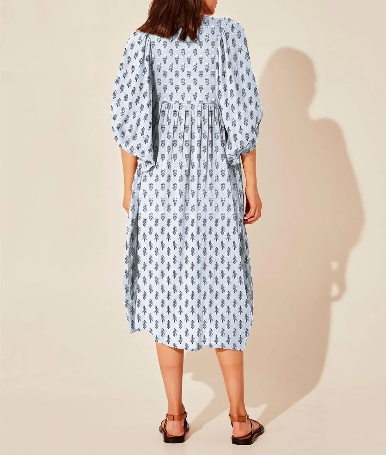 Womens Boho Sundress Summer Dresses V Neck Puff Sleeve Floral Flowy Swing Casual Dress Plus