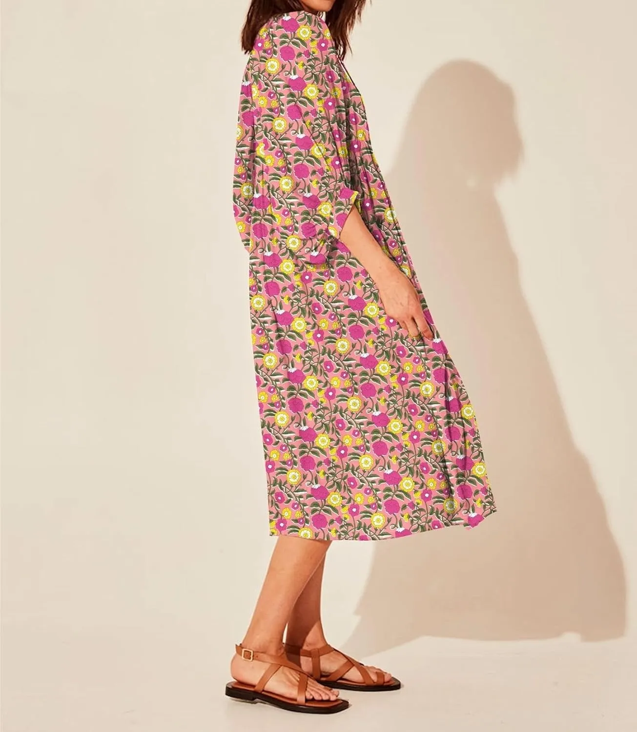 Womens Boho Sundress Summer Dresses V Neck Puff Sleeve Floral Flowy Swing Casual Dress Plus