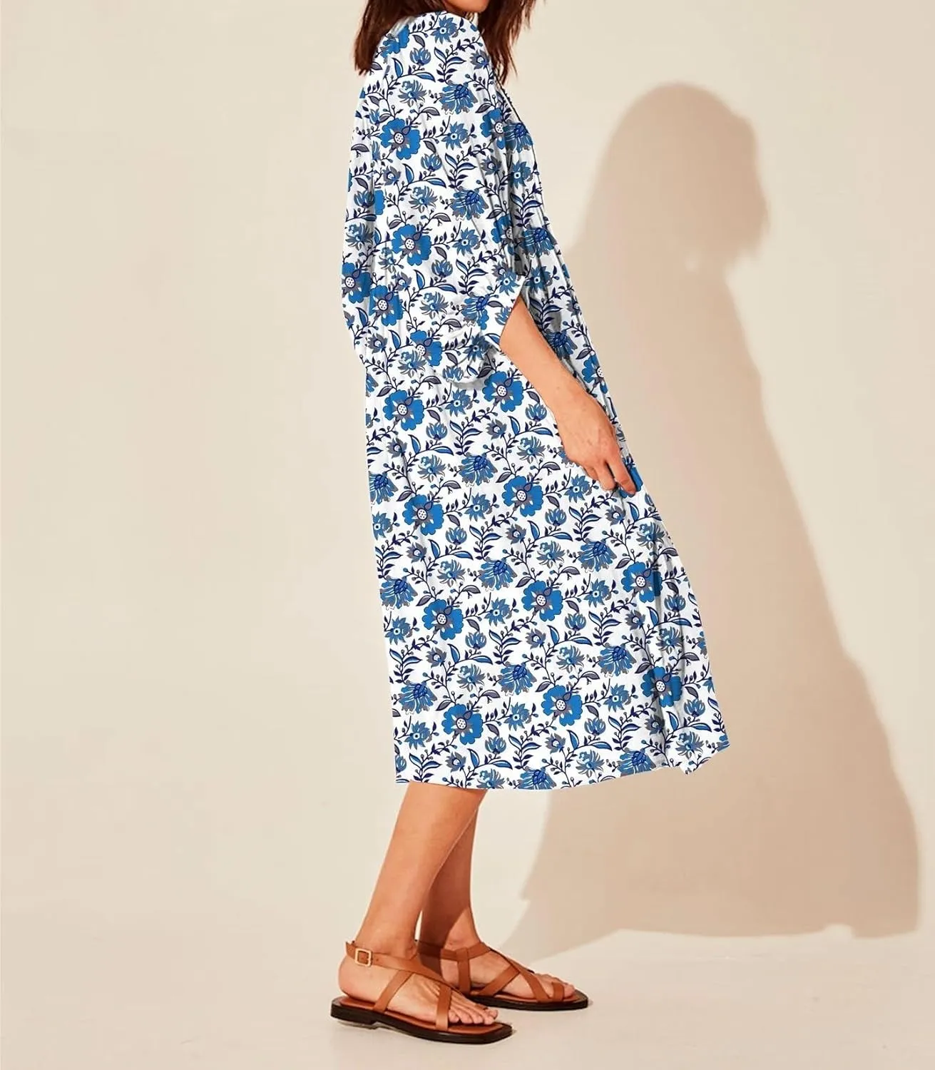Womens Boho Sundress Summer Dresses V Neck Puff Sleeve Floral Flowy Swing Casual Dress Plus