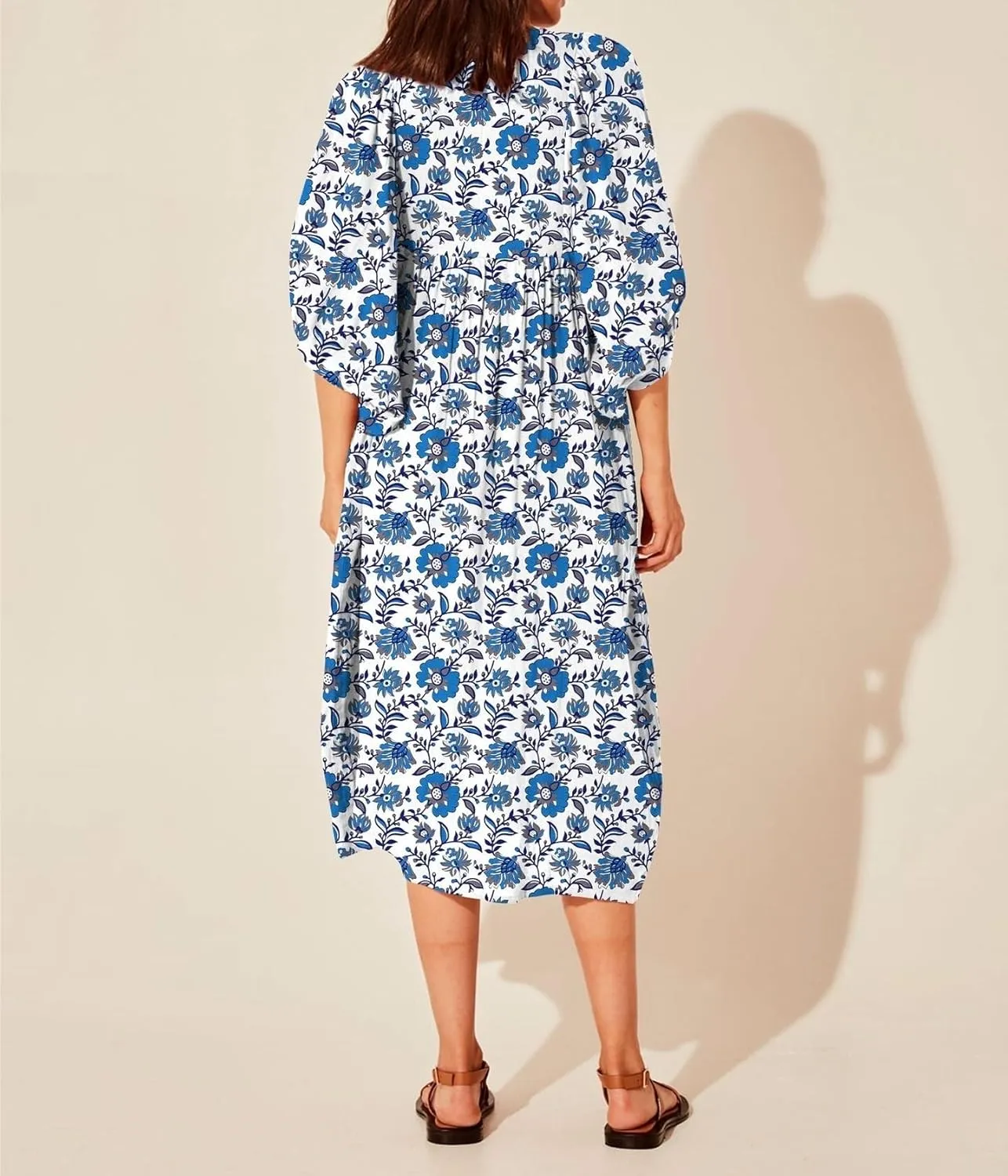 Womens Boho Sundress Summer Dresses V Neck Puff Sleeve Floral Flowy Swing Casual Dress Plus
