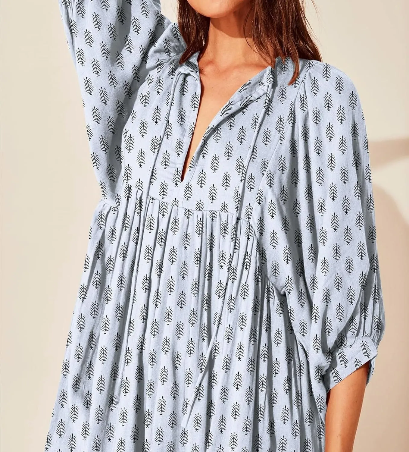 Womens Boho Sundress Summer Dresses V Neck Puff Sleeve Floral Flowy Swing Casual Dress Plus