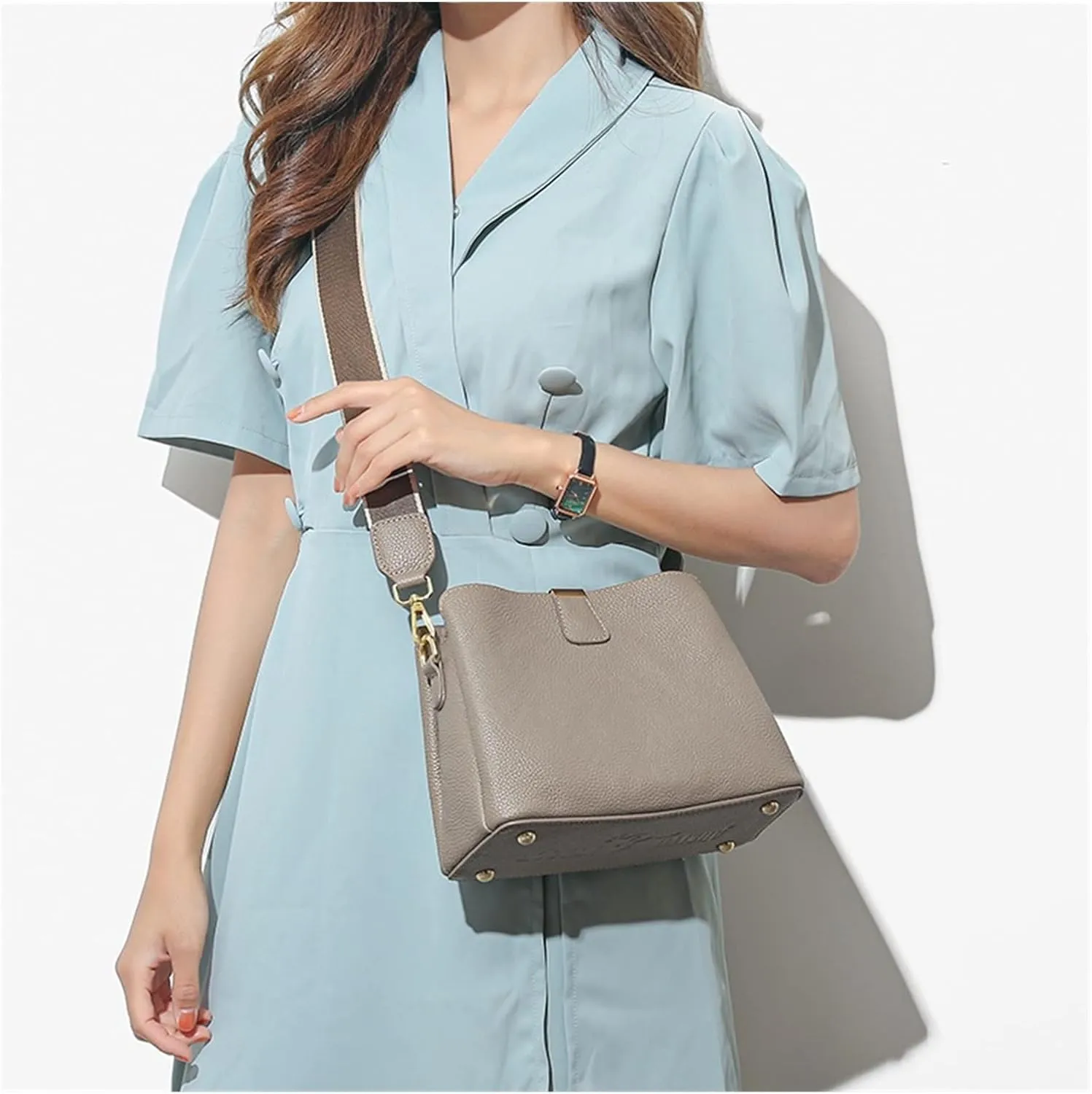 Women's Bucket Shoulder Bag Women's Handbag Wide Shoulder Strap Women's Crossbody Bag Cowhide Handbag (Yellow 9 * 7 * 4in)