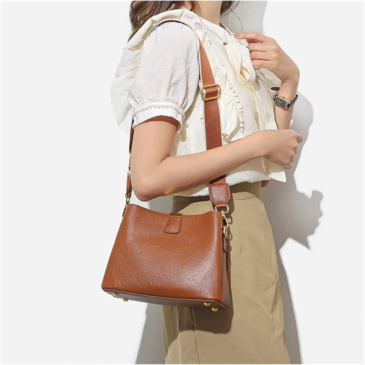 Women's Bucket Shoulder Bag Women's Handbag Wide Shoulder Strap Women's Crossbody Bag Cowhide Handbag (Yellow 9 * 7 * 4in)