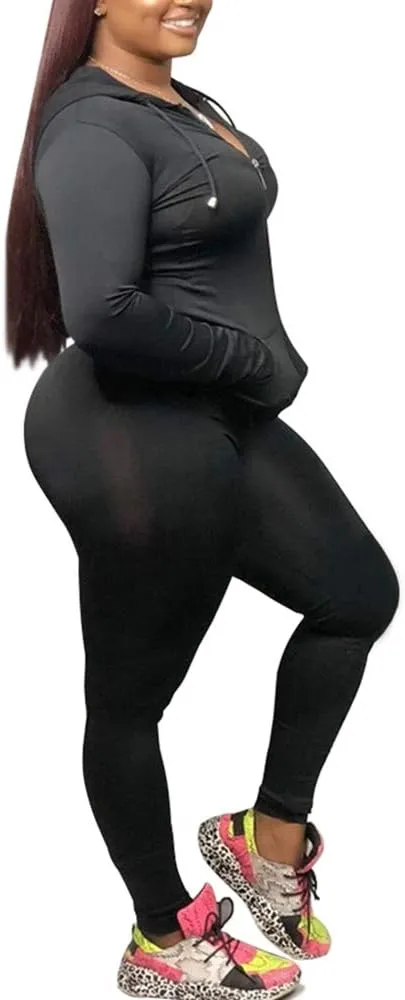 Women's Casual 2 Piece Outfits Solid Long Sleeve Zip-up Hoodie & Skinny Pants Tracksuits Bodycon Jumpsuits Sweatsuit