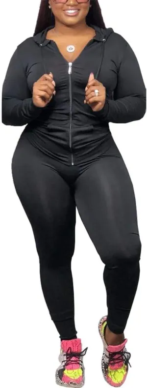 Women's Casual 2 Piece Outfits Solid Long Sleeve Zip-up Hoodie & Skinny Pants Tracksuits Bodycon Jumpsuits Sweatsuit