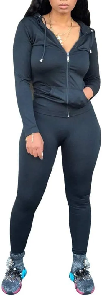 Women's Casual 2 Piece Outfits Solid Long Sleeve Zip-up Hoodie & Skinny Pants Tracksuits Bodycon Jumpsuits Sweatsuit