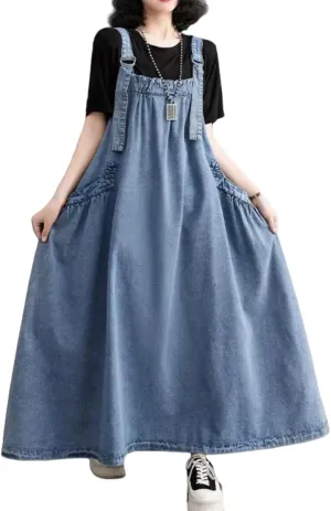 Women's Casual Denim Overall Dress, Long Maxi Length, Loose Fit with Pockets, Adjustable Straps