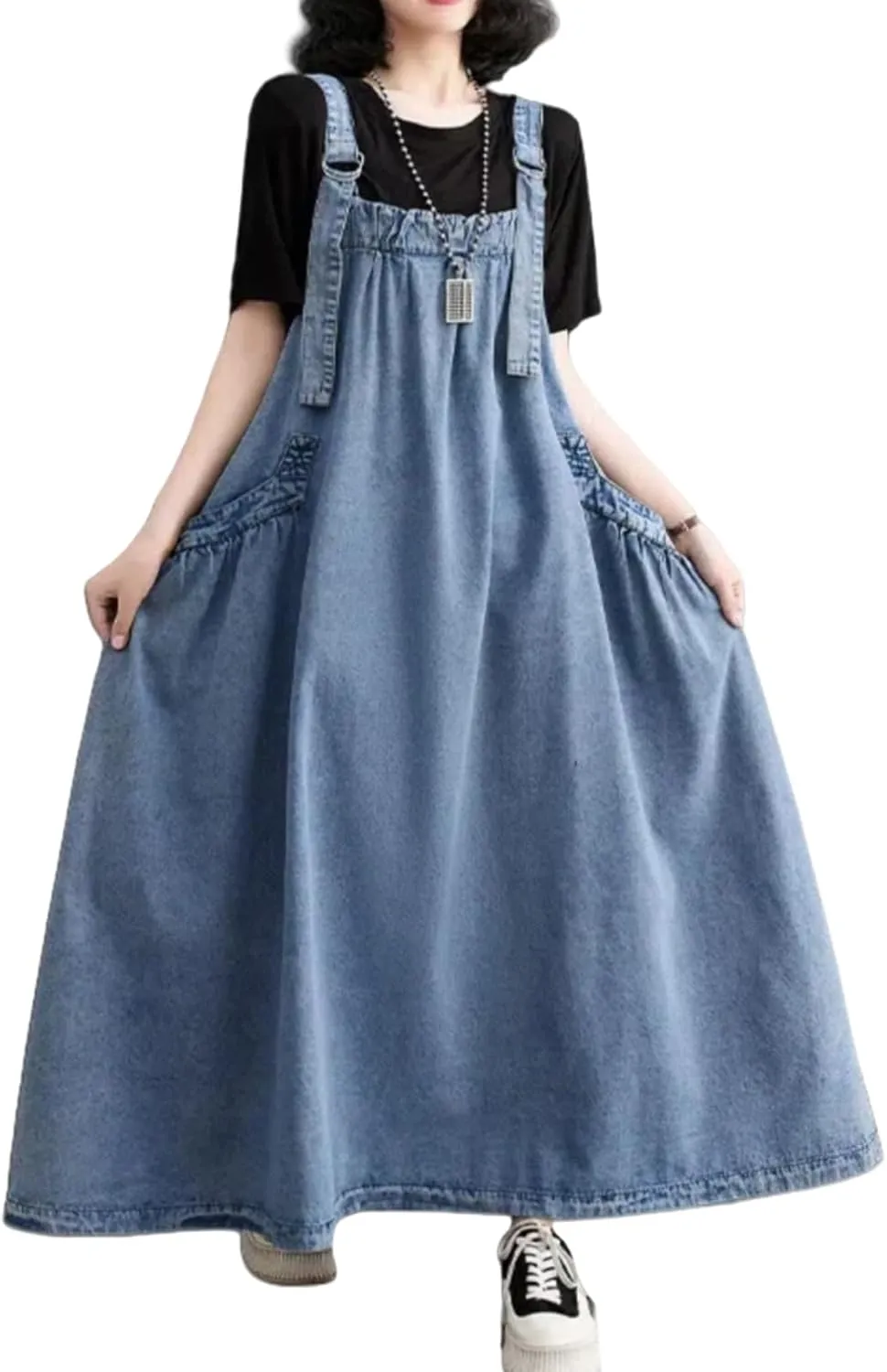 Women's Casual Denim Overall Dress, Long Maxi Length, Loose Fit with Pockets, Adjustable Straps