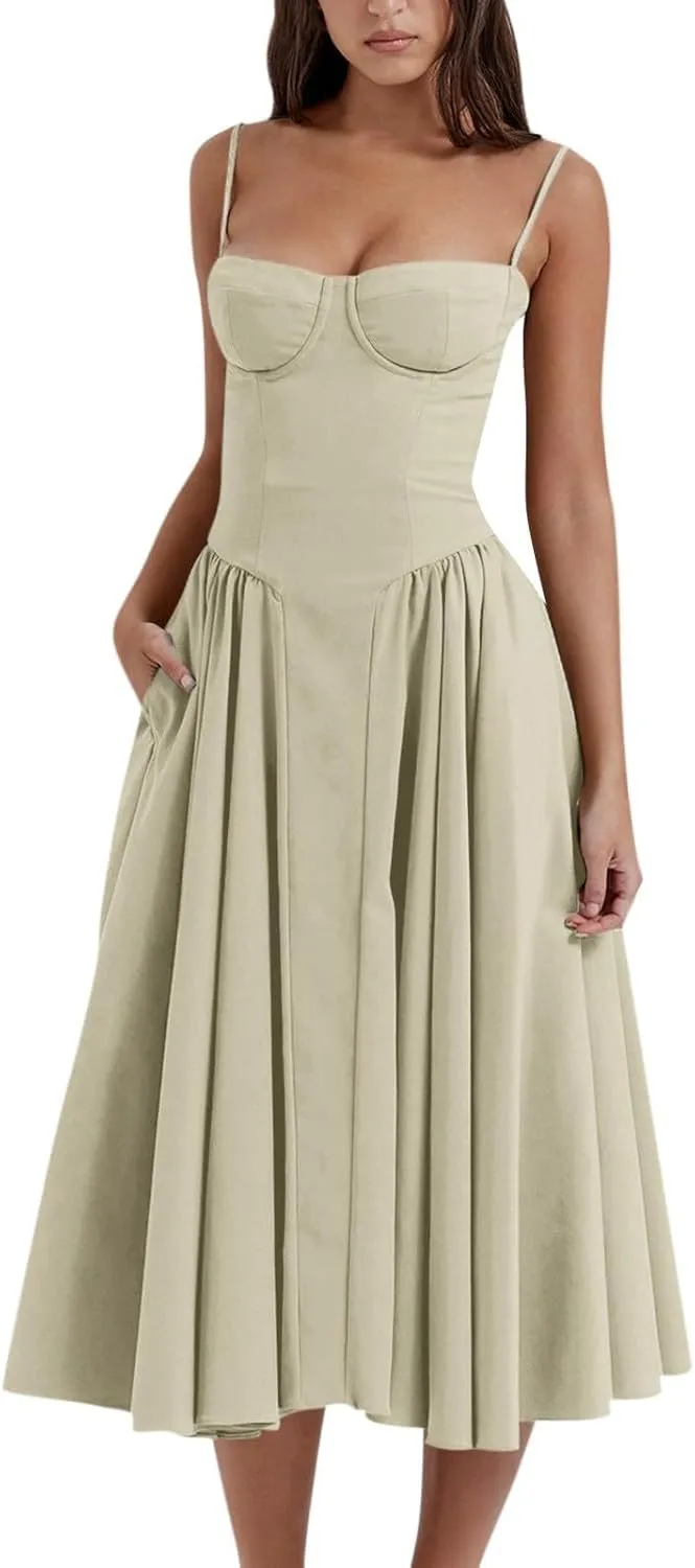 Womens Corset Dress Elegant Spaghetti Strap Bustier Midi Dress Flowy Pleated Hem Low Cut Prom Dresses with Pockets