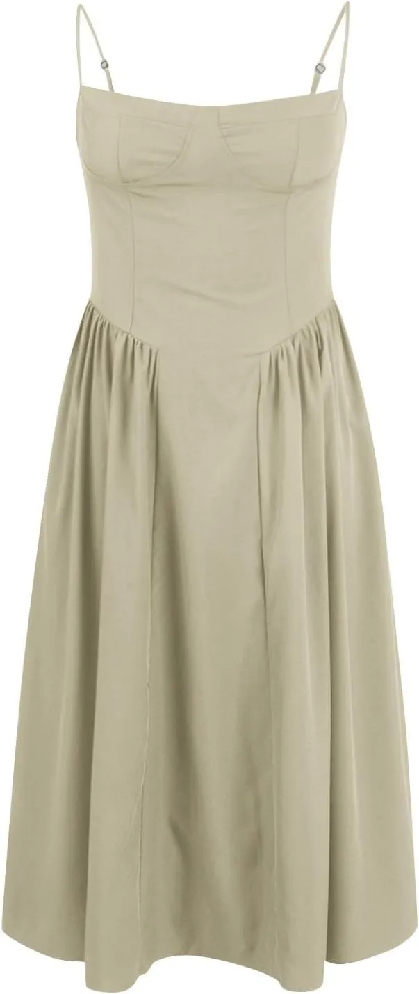 Womens Corset Dress Elegant Spaghetti Strap Bustier Midi Dress Flowy Pleated Hem Low Cut Prom Dresses with Pockets