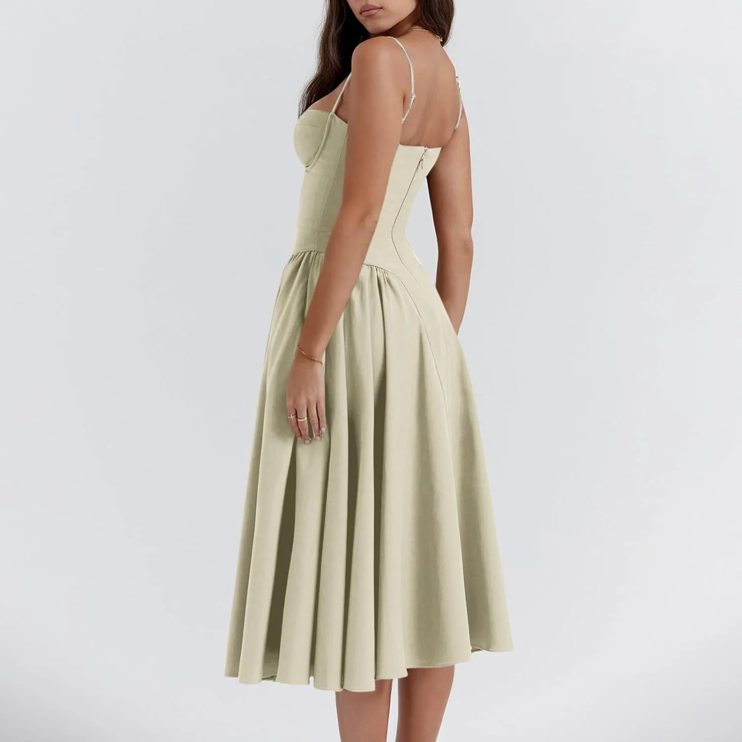 Womens Corset Dress Elegant Spaghetti Strap Bustier Midi Dress Flowy Pleated Hem Low Cut Prom Dresses with Pockets