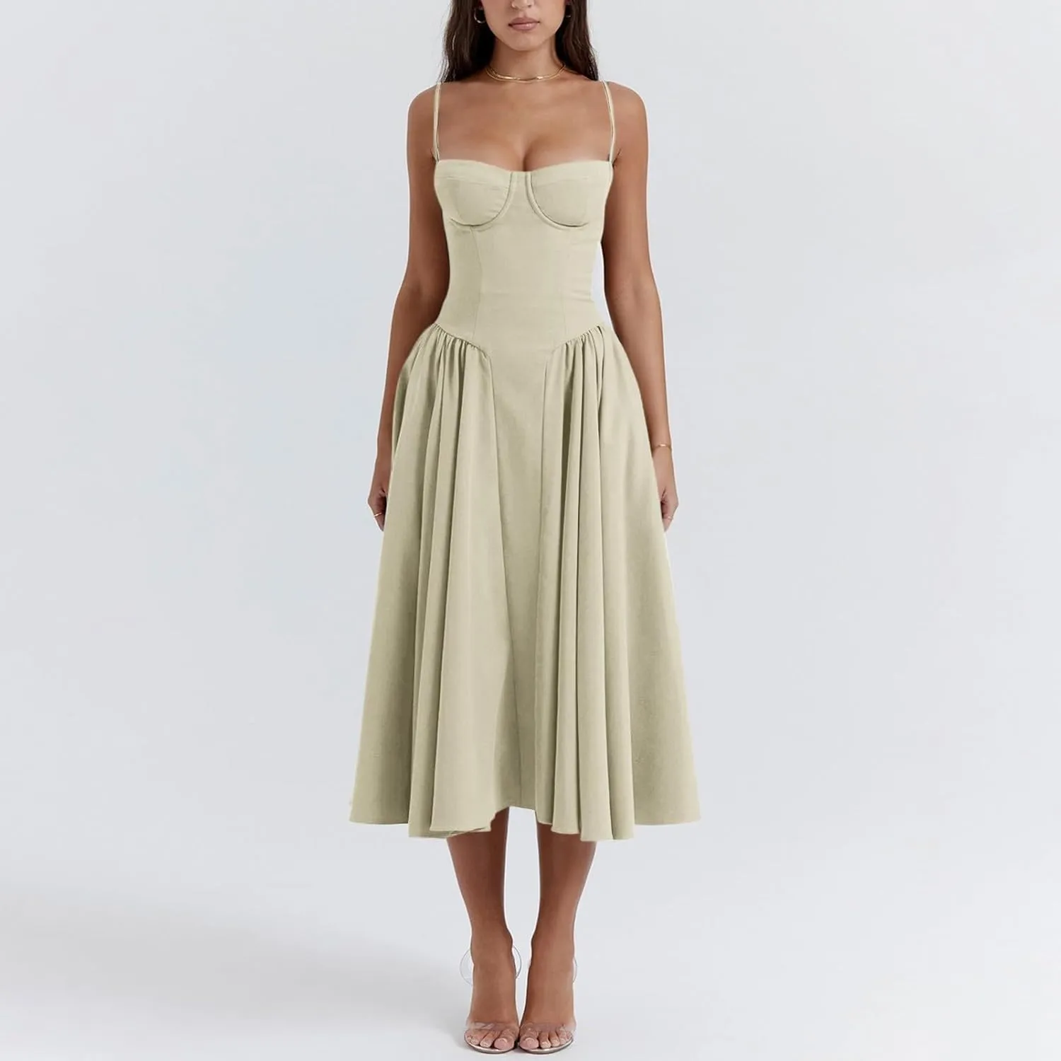 Womens Corset Dress Elegant Spaghetti Strap Bustier Midi Dress Flowy Pleated Hem Low Cut Prom Dresses with Pockets