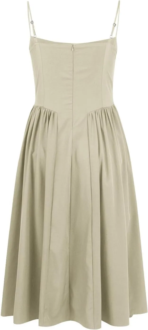 Womens Corset Dress Elegant Spaghetti Strap Bustier Midi Dress Flowy Pleated Hem Low Cut Prom Dresses with Pockets