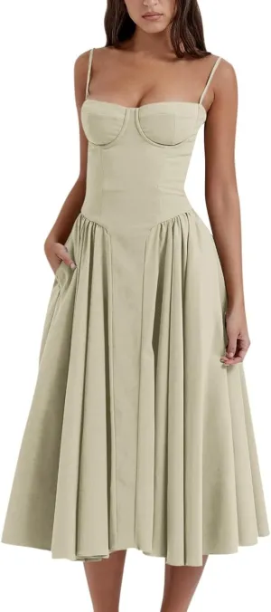 Womens Corset Dress Elegant Spaghetti Strap Bustier Midi Dress Flowy Pleated Hem Low Cut Prom Dresses with Pockets