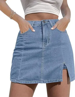 Womens Denim Mini Trendy High Waisted Jean Skirts, Casual Stretch Slim Fit High Waisted Jean Skirts