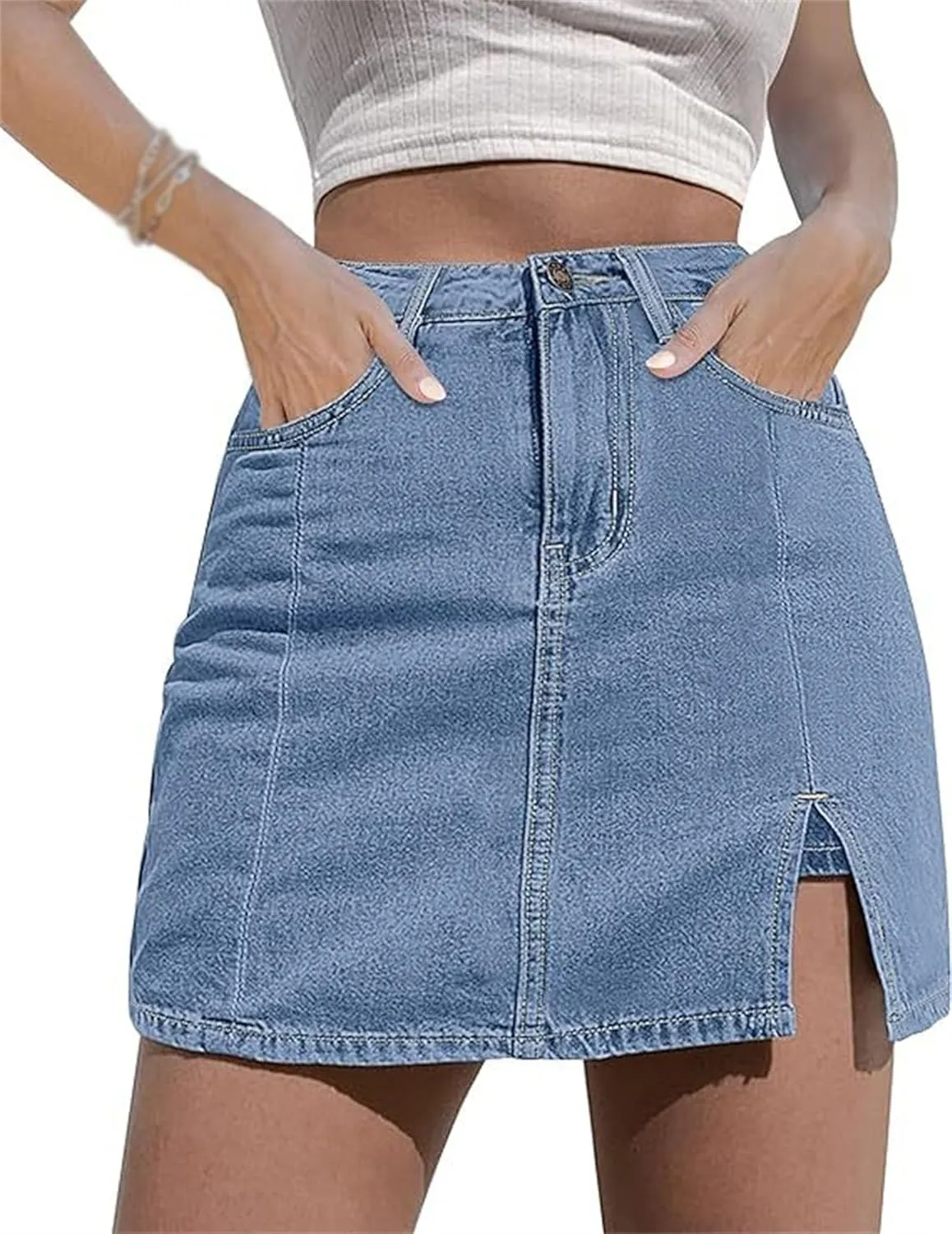 Womens Denim Mini Trendy High Waisted Jean Skirts, Casual Stretch Slim Fit High Waisted Jean Skirts