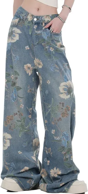Women's Fashion High Waist Wide Leg Denim Pants Casual Y2K Streetwear Vintage Flowers Printed Baggy Jeans