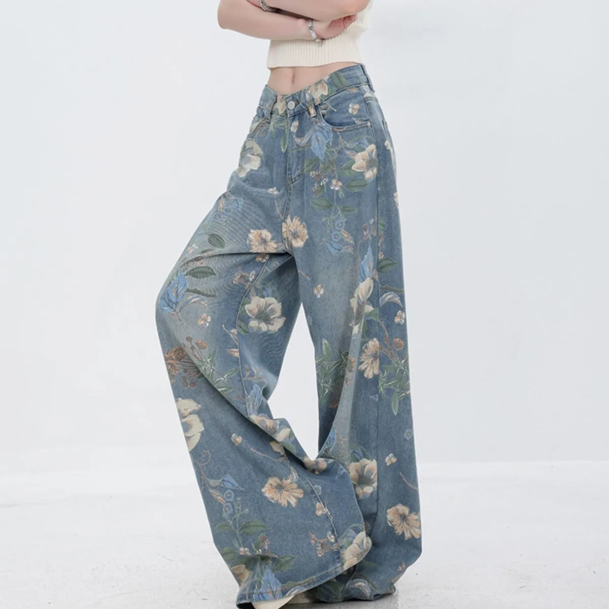 Women's Fashion High Waist Wide Leg Denim Pants Casual Y2K Streetwear Vintage Flowers Printed Baggy Jeans