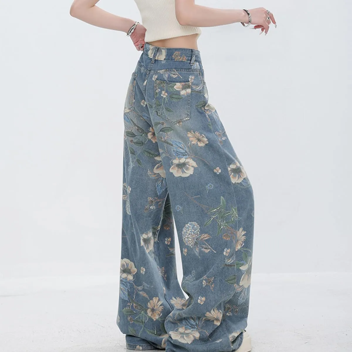 Women's Fashion High Waist Wide Leg Denim Pants Casual Y2K Streetwear Vintage Flowers Printed Baggy Jeans