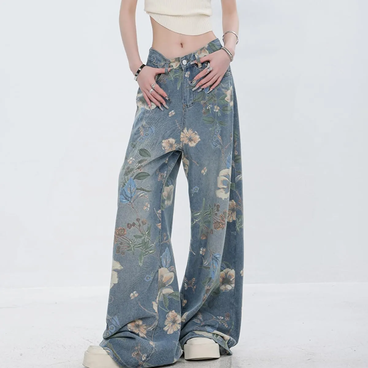 Women's Fashion High Waist Wide Leg Denim Pants Casual Y2K Streetwear Vintage Flowers Printed Baggy Jeans