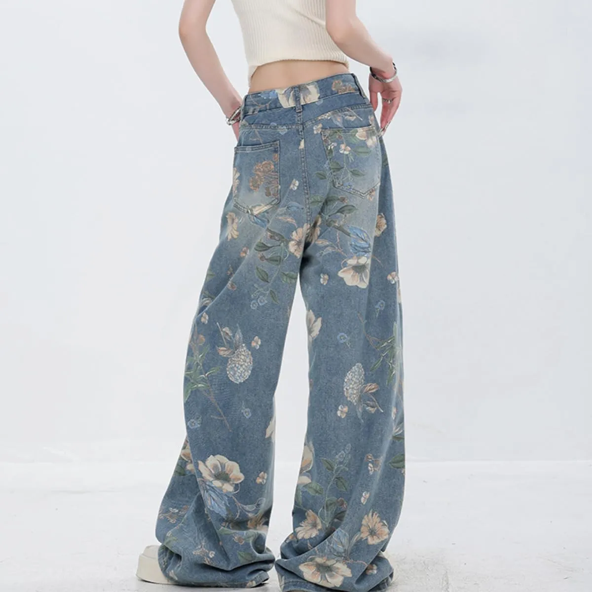 Women's Fashion High Waist Wide Leg Denim Pants Casual Y2K Streetwear Vintage Flowers Printed Baggy Jeans