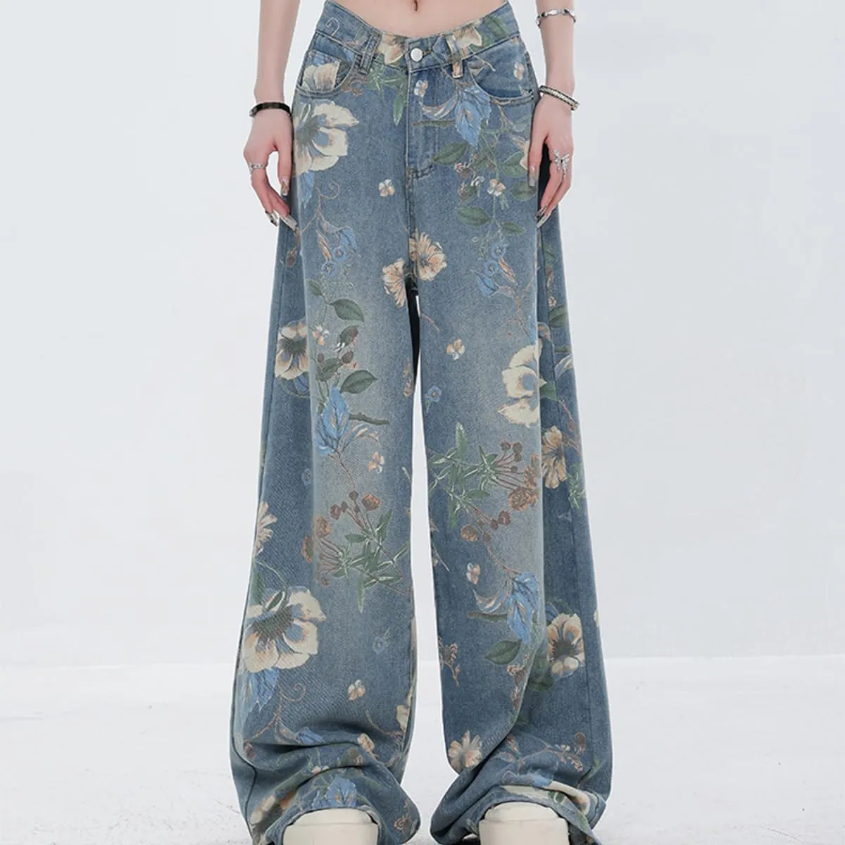 Women's Fashion High Waist Wide Leg Denim Pants Casual Y2K Streetwear Vintage Flowers Printed Baggy Jeans