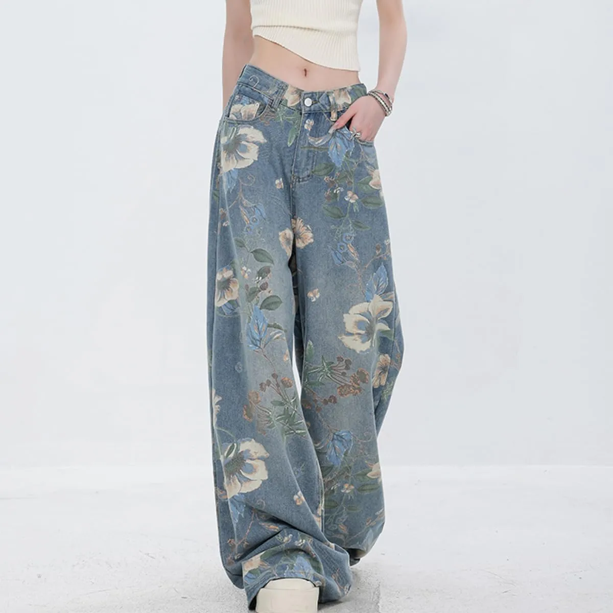 Women's Fashion High Waist Wide Leg Denim Pants Casual Y2K Streetwear Vintage Flowers Printed Baggy Jeans