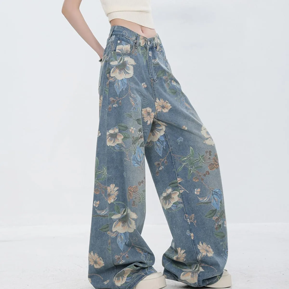 Women's Fashion High Waist Wide Leg Denim Pants Casual Y2K Streetwear Vintage Flowers Printed Baggy Jeans